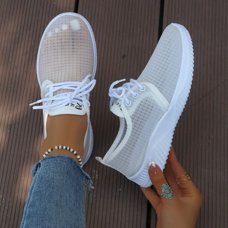 Running Shoes Lightweight - Women's Sneakers Round Toe Lace-Up Sheer-Look